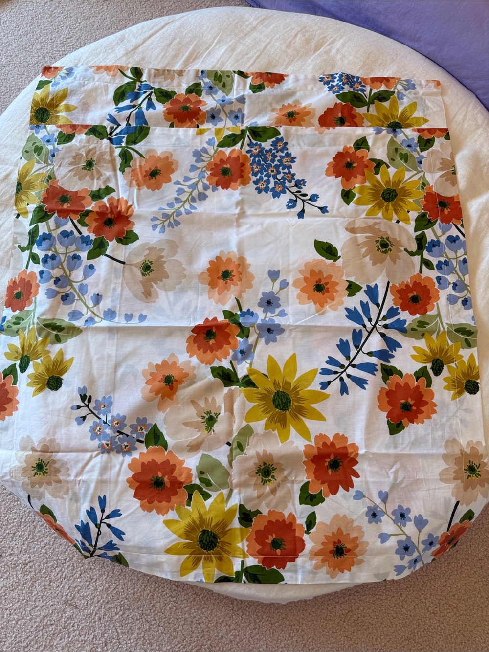 Floral Sunflower Cotton Pillowcase - White with Yellow & Orange Flowers Euro